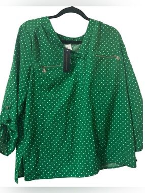 Adrienne Vittadini Green Polka Dot Blouse Women's NWT Long Sleeve Button Top